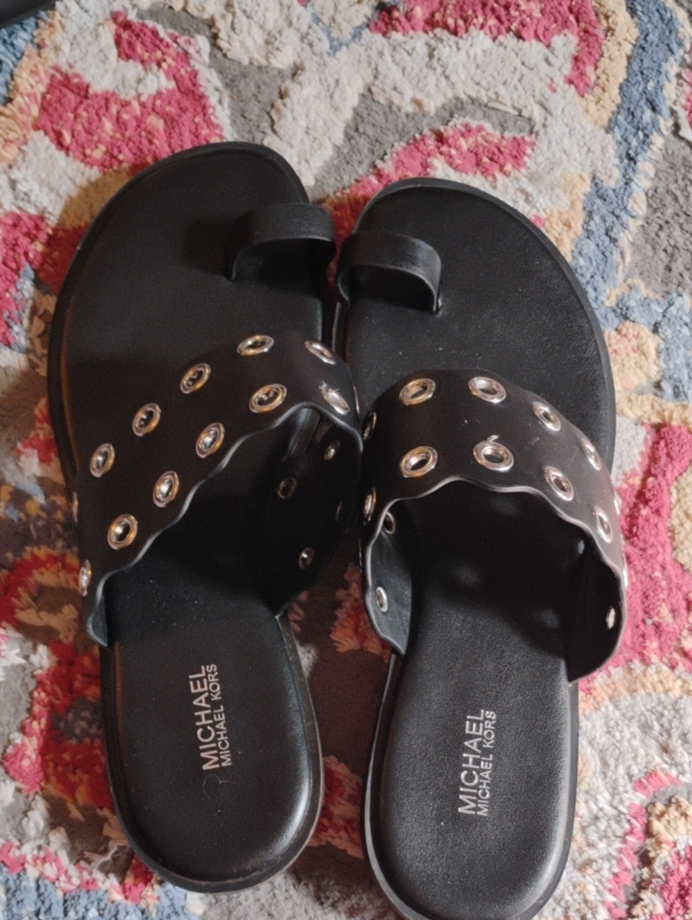 Michael Kors Black Slide Sandals with Silver Eyelet Detail